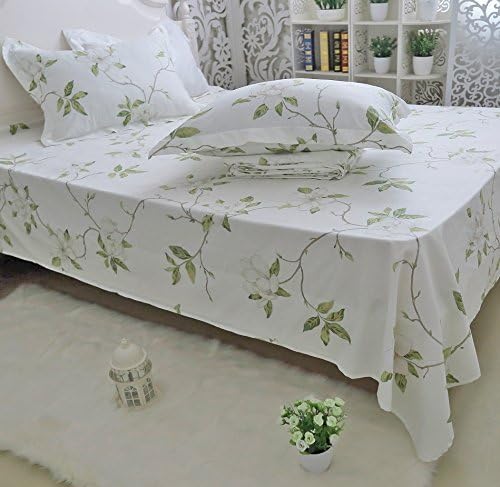 FADFAY Shabby White Floral Bed Sheet Set 100% Cotton Sheets Green Leaves 4Piece - Twin XL Size