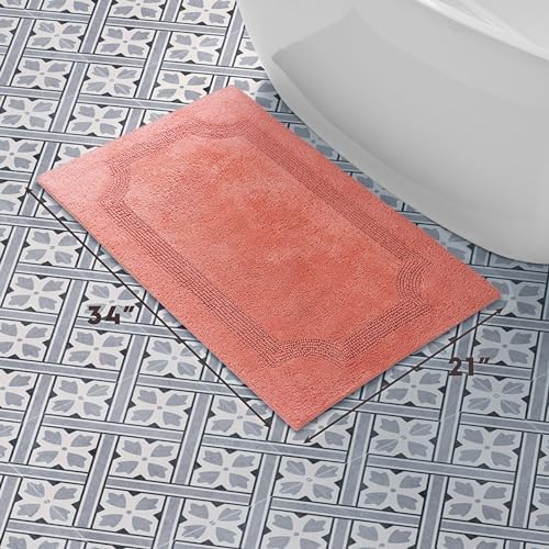 Laura Ashley - Reversible Cotton Bath Mat, Premium Bathroom Décor, Machine Washable Bathroom Rug, Highly Absorbent, 21"x34", Coral