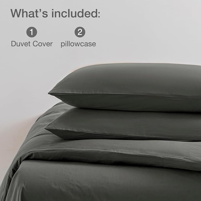 JELLYMONI Gray Duvet Cover Full Size - 100% Washed Cotton Linen Like Textured Comforter Cover, 3 Pieces Breathable Soft Bedding Set with Zipper Closure (Dark Gray, Full 80"x90")