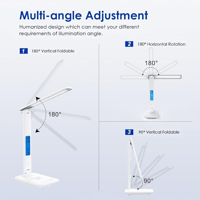 Multifunctional LED Desk Lamp with Wireless Charger,USB Charging Port,Clock,Phone Holder,Desk Lamps for Home Office,Eye-Caring Reading Lamp,Study Lamp for Boys,Girls,Teens,White
