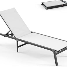 Aluminum Lounge Chair Outdoor, Foldable Pool Lounge Chairs with 5 Positions Recliner - No Assembly - Patio Chaise Lounge Chair for Outside, Poolside (White)