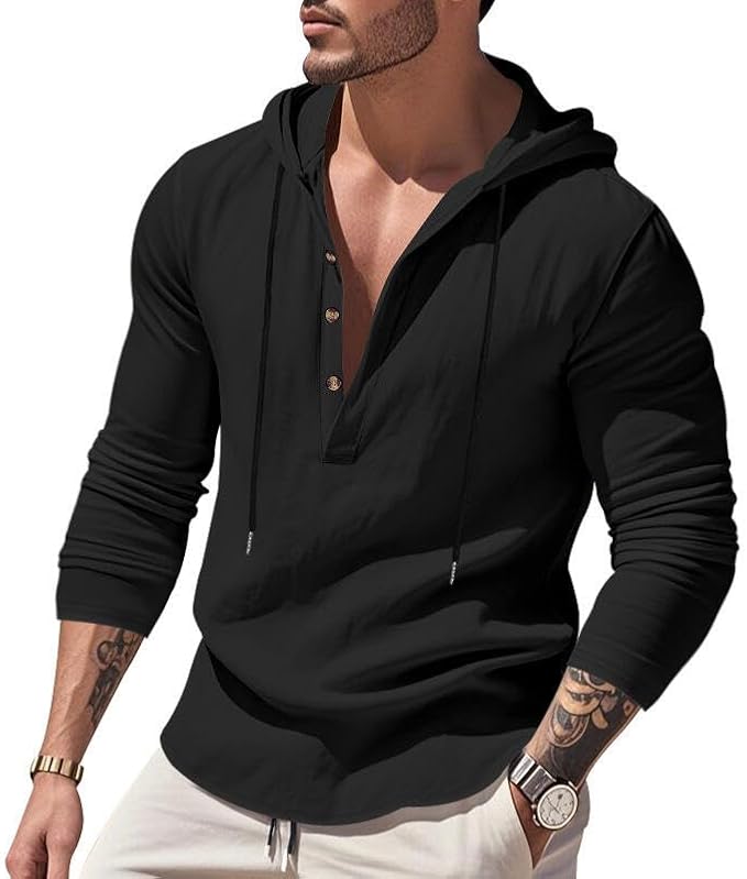 Men's Linen Blend Hoodie Long Sleeve Henley Pullover Sweatshirt Casual Loose Fit Top for Workout Beach Wear