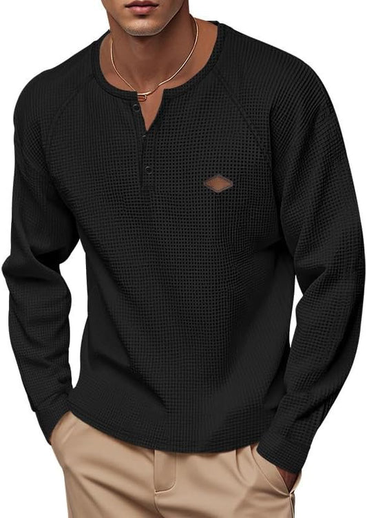 Men's Warm Waffle Top - 1/4 Button Round Neck Solid Color Casual Sweatshirt for Daily Vacation Wear