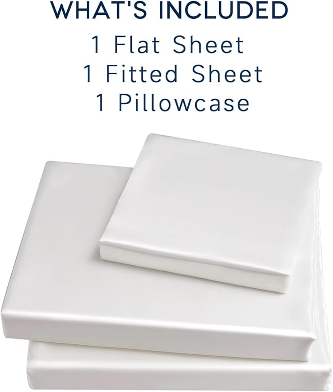 Satin Sheets Twin Size - 3 Pieces Luxury Silky Soft Bed Sheets for Kids, Wrinkle-Free White Satin Silk Sheet Set with 1 Deep Pocket Fitted Sheet, 1 Flat Sheet, 1 Pillow case