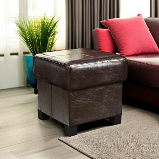 GLAXYFUR Storage Ottoman Cube Folding Footstool PU Leather Bench with Legs, Ottoman with Storage for Living Room, Bedroom, Brown