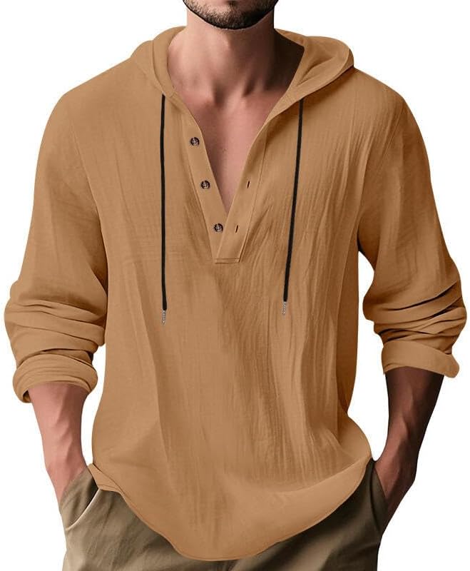 Men's Linen Blend Hoodie Long Sleeve Henley Pullover Sweatshirt Casual Loose Fit Top for Workout Beach Wear