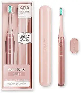 Aquasonic Icon ADA-Accepted Rechargeable Toothbrush | Magnetic Holder & Slim Travel Case | 2 Brushing Modes & Smart Timers | Gentle Micro-Vibrations (Lilac)