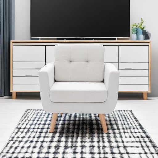 Tbfit Linen Fabric Single Sofa, Accent Chair, Mid Century Modern Armchair for Living Room, Bedroom Button Tufted Upholstered Comfy Reading Sofas, Beige