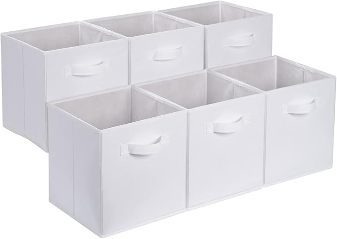 Amazon Basics Cube Organizer Storage Bins Handles, Collapsible Fabric, Pack of 6, 13"x13"x13", White