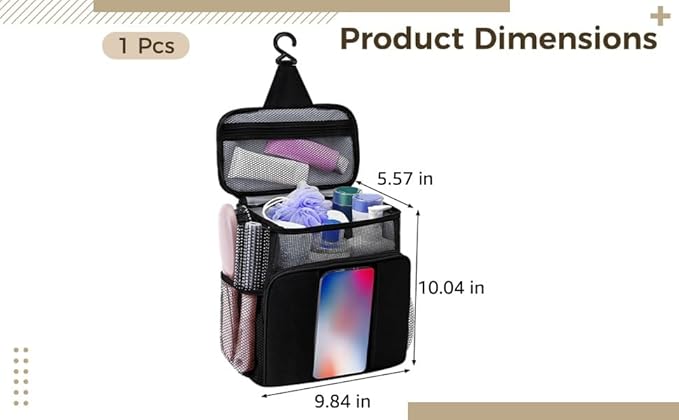 Shower Caddy for Dorm, Portable Hanging Shower Bag with Metal Hook, Oxford Cloth Quick Dry Mesh Organizer for Bathroom Essentials, Phone Pouch, 10.04 x 9.84 x 5.57 in/25.5 cm x 24.99 x 14.15 cm