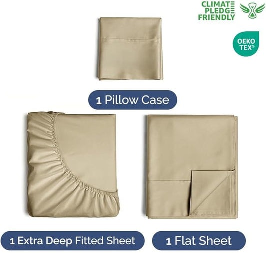 Extra Deep Pocket Twin Sheets - 3 Piece Breathable & Cooling Bed Sheets - Hotel Luxury Bed Sheet Set - Soft, Wrinkle Free & Comfy - Easily Fits Extra Deep Mattresses - Deep Pocket Beige Sheets Set