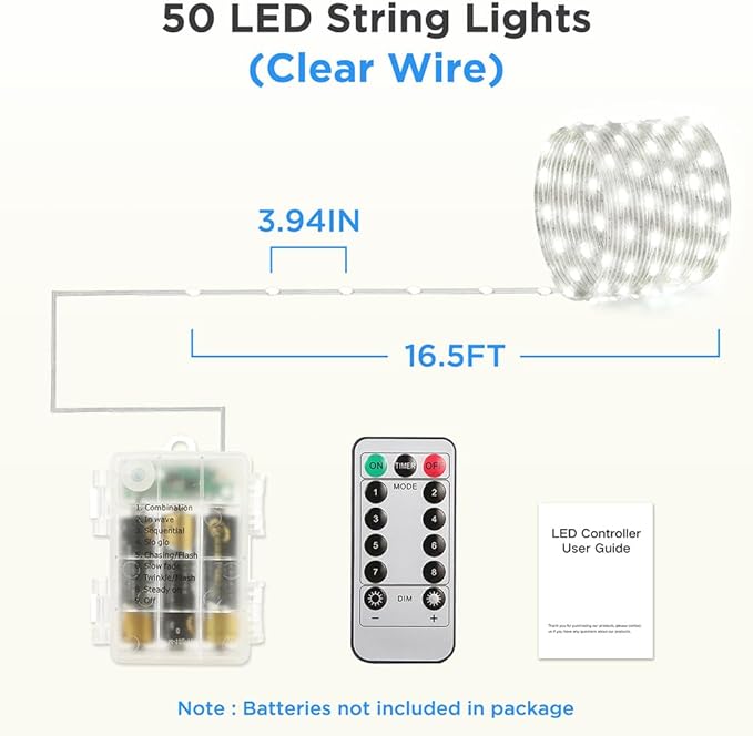 16.5ft Battery Operated String Lights (1 Pack), 50 LED Fairy String Lights Battery Powered with Remote & Timer for Indoor Outdoor Christmas Trees Wreath Decoration Bedroom Patio - Cool White