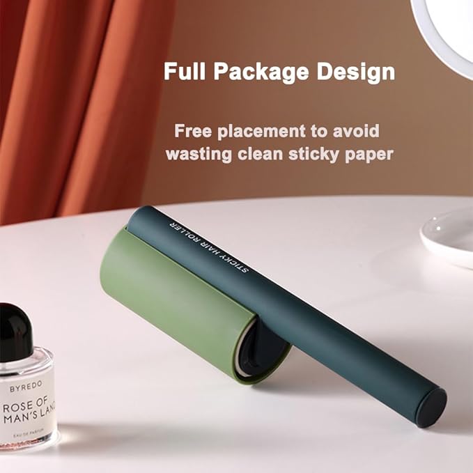Sticky Lint & Pet Hair Remover Roller - 4 Adhesive Sheets Included (3 Refills) for Clothes, Furniture & Cars | Anti-Slip Handle, Dust-Proof Cover (Green)