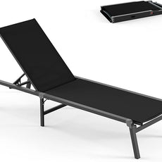 Foldable Pool Lounge Chairs, Aluminum Chaise Lounge Outdoor with 5 Positions Recliner - Free Assembly - Patio Lounge Chair for Poolside, Beach (Black)