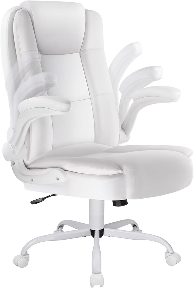 LEMBERI Flip-up Arms Office Desk Chair, Big and Tall Managerial Executive Chair, High Back Computer Chair, Ergonomic Adjustable Height PU Leather Chairs with Cushions Armrest for Long Time Sitting