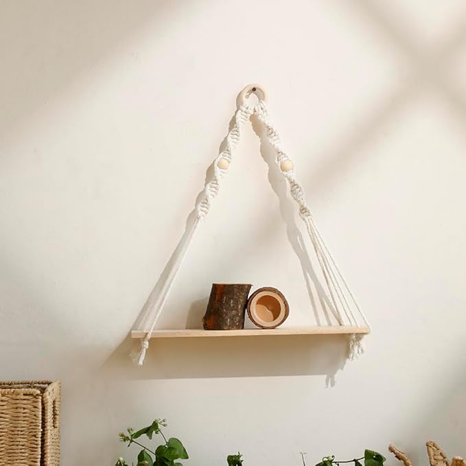 Artilady Macrame Wall Hanging Shelf - Boho Wood Wall Shelves with Wood Beads, Farmhouse Floating Shelf Rustic Hanging Plant Shelf for Bedroom Living Room Preppy Room Nursery Decor