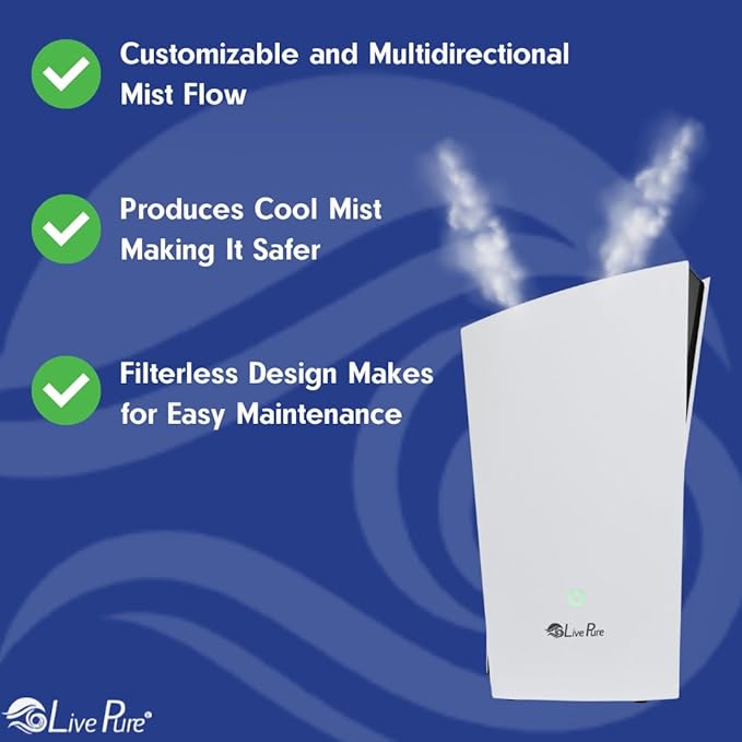 LP485HUM LivePure Ultrasonic Humidifier (8.5 x 6.5 x 14.5 in) - Long Lasting Mist Performance, Quiet Operation, Compact Humidifier for Home, Bedroom, Nursery, Office, and Dorms – Graphite