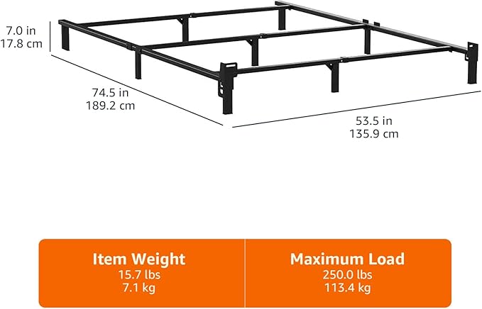 Amazon Basics Metal Bed Frame(Box Spring Required), 9-Leg Base for Box Spring and Mattress, Full, Tool-Free Easy Assembly, Black