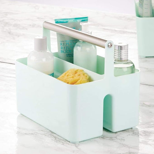 mDesign Plastic Shower Caddy Storage Organizer Utility Tote, Divided Basket Bin - Metal Handle for Bathroom, Dorm, Kitchen, Holds Soap, Shampoo, Conditioner - Aura Collection - Mint Green/Satin
