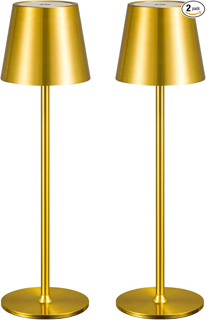 2 Pack Cordless Table Lamp,Portable LED Desk Lamp, 6000mAh Battery Operated, 3 Color Stepless Dimming Up, for Restaurant/Bedroom/Bars/Outdoor Party/Camping/Coffee Shop Night Light(Gold)