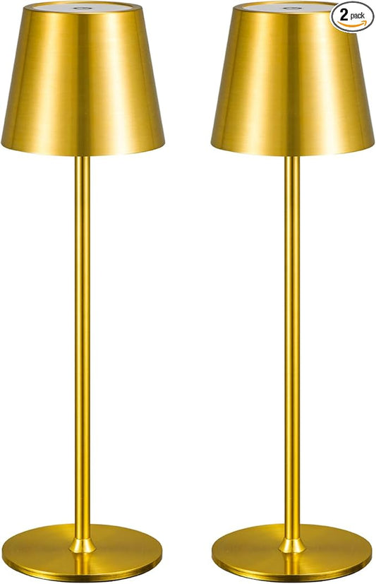 2 Pack Cordless Table Lamp,Portable LED Desk Lamp, 6000mAh Battery Operated, 3 Color Stepless Dimming Up, for Restaurant/Bedroom/Bars/Outdoor Party/Camping/Coffee Shop Night Light(Gold)