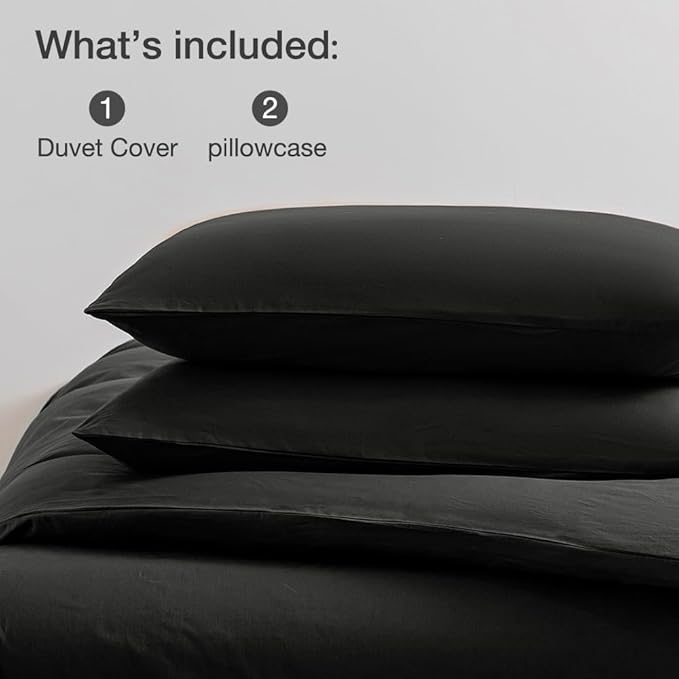 JELLYMONI Black Duvet Cover Full Size - 100% Washed Cotton Linen Like Textured Comforter Cover, 3 Pieces Breathable Soft Bedding Set with Zipper Closure (Black, Full 80"x90")