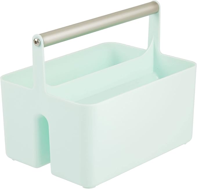 mDesign Plastic Shower Caddy Storage Organizer Utility Tote, Divided Basket Bin - Metal Handle for Bathroom, Dorm, Kitchen, Holds Soap, Shampoo, Conditioner - Aura Collection - Mint Green/Satin