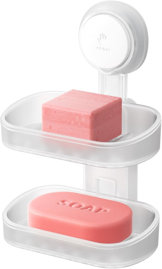 TAILI Double Layer Soap Dish Holder Suction Cup, Strong Sponge Holder for Shower, No Tools Soap Saver for Bathroom, Tub and Kitchen Sink, Shower Accessories, Drill-Free, Removable,Clear