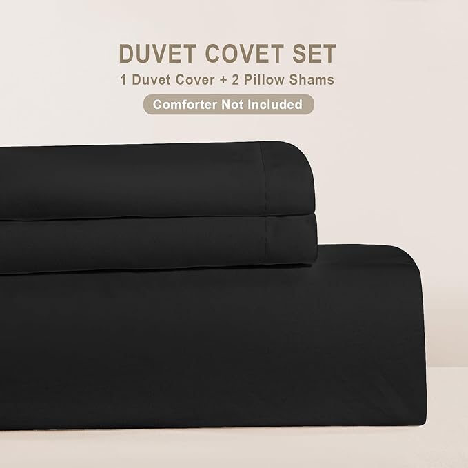 100-Percent Cotton Duvet Cover Set, Hidden Zipper Closure, Ultra Soft, Easy Care and Durable, Simple Bedding Style, Queen, Black (Comforter Not Included)