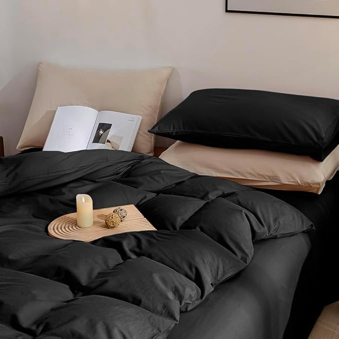 JELLYMONI Cotton Duvet Cover Twin Size - 100% Washed Cotton Linen Feel Textured Comforter Cover, 2 Pieces Breathable Soft Bedding Set with Zipper Closure(Black,Twin 68"×90")