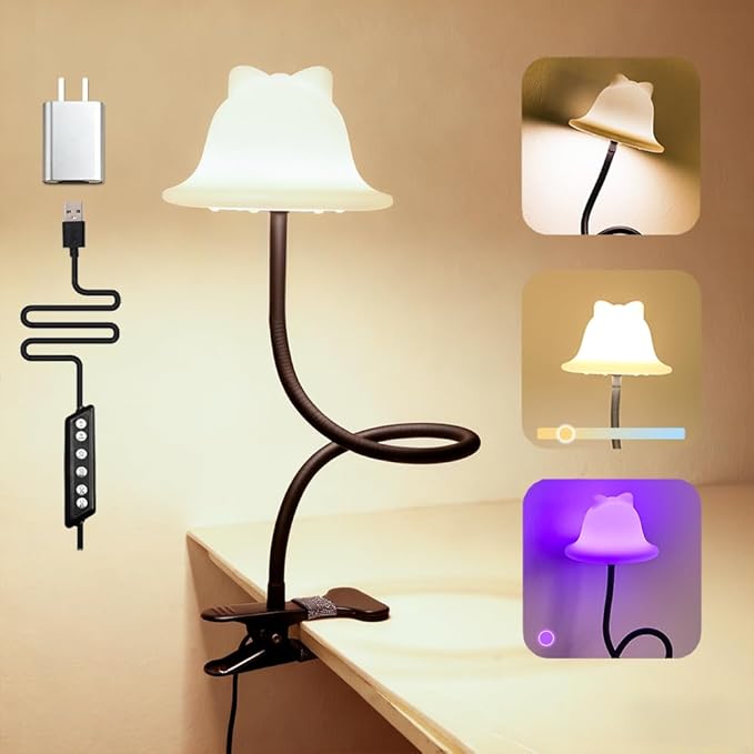 Clip On Light and Bed Reading Light, Clip on for Desk, Bedside Lamps for Dorm, College Dorm Room Essentials, Night Light for Kids Nursery, Multicolor LEDs, Adapter Included