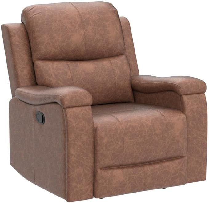 CANMOV Leather Recliner Chair, Classic and Traditional Manual Recliner Chair with Overstuffed Arms and Back, Manual Single Sofa with Concealed Cup Holders, Brown