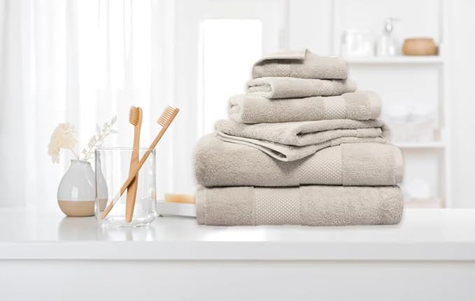 Farm to Home 100% Organic Bath Towel Set of 6 – GOTS & Oeko-TEX Certified Organic Cotton, Soft, Ultra Absorbent, Quick Dry - Includes 2 Bath Towels, 2 Hand Towels, 2 Washcloths - Sand