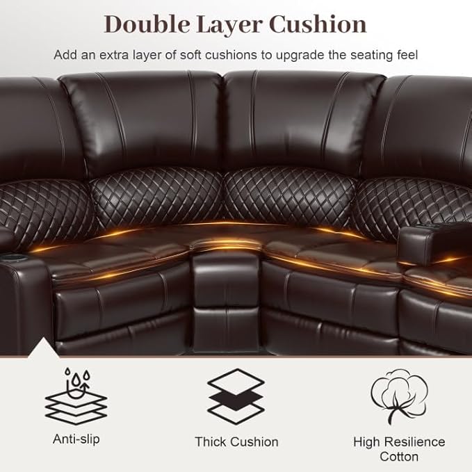 Manual Reclining Sectional Sofa Set, 4 Seats Soft Leather Recliner Corner Sectional Couch, Family-Sized L-Shaped Recliner Couch with USB Charging, Thickened Padding, Sturdy Frame, Brown