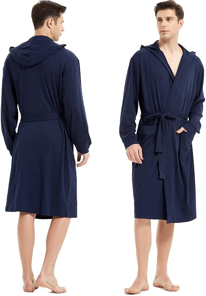 HOLOVE Men's Pure Cotton Bathrobe Lightweight Kimono and Hooded Spa Robes Soft Sleepwear