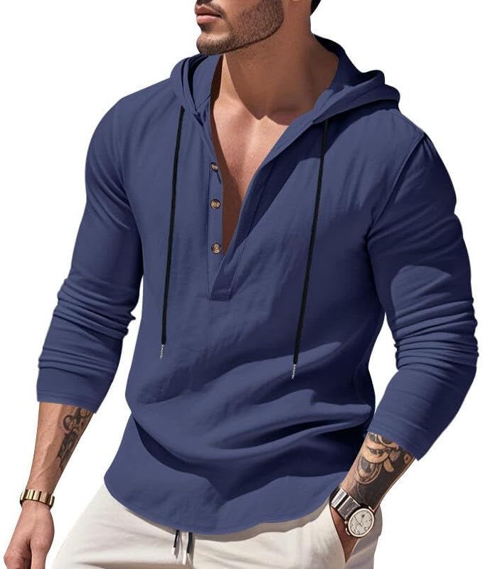Men's Linen Blend Hoodie Long Sleeve Henley Pullover Sweatshirt Casual Loose Fit Top for Workout Beach Wear