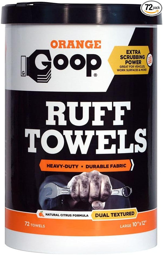 GOOP Orange Heavy Duty Ruff Towels with Scrubbing Power, 10” x 12” Dual Textured Multi-Purpose Cleaning Wipes, Removes Dirt, Grease, Oil, 72 Count