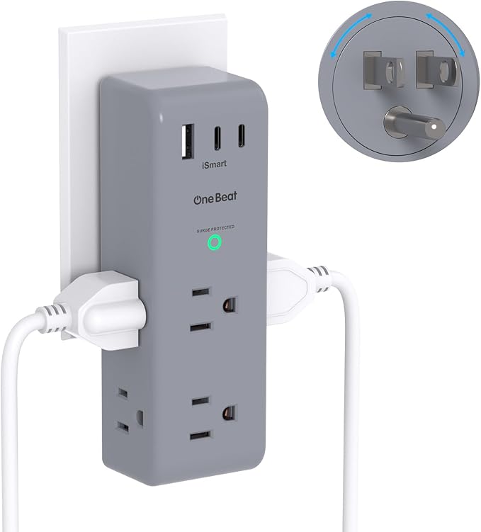 Surge Protector Outlet Extender with Rotating Plug, 6 AC Multi Plug Outlet with 3 USB Ports (2 USB C), 1800 Joules, 3-Sided Swivel Power Strip with Spaced Outlet Splitter for Home, Office, Dorm, Grey