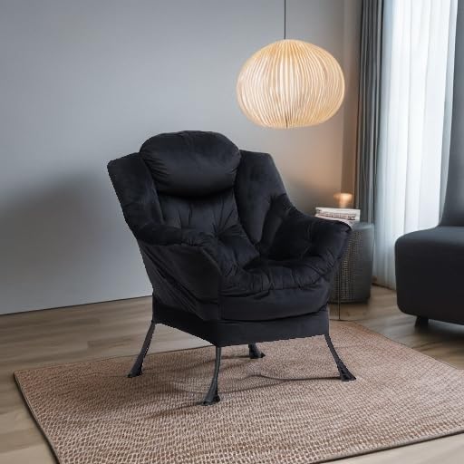 HollyHOME Lazy Chair with Armrest and Side Pocket, Comfy Accent Lounge Chair,Leisure Sofa Armchair for Living Room, Bedroom, Dorm, or Small Spaces, Oversized Reading Sofa Chair,Velvet Black