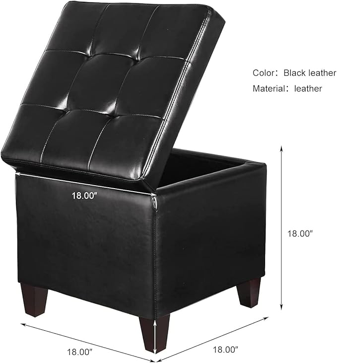 Black PU Leather Square Storage Ottoman Lift Top Footstool with Wood Legs, 18"x18"x18"