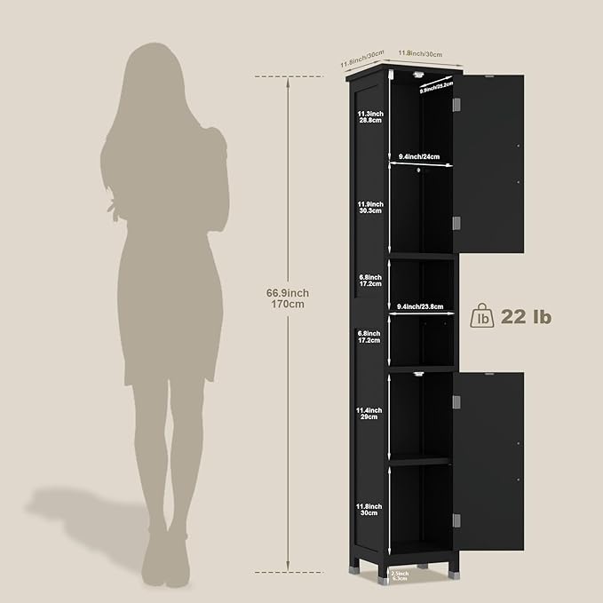 67" Tall Bathroom Storage Cabinet with Lights, Slim Narrow Bathroom Cabinet Organizer with Doors and Adjustable Shelves, Tall Cabinet for Small Space (66.9" Tall-Black with Light, 1 Pack)