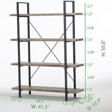 HSH 4-Shelf Vintage Industrial Bookshelf, Rustic Gray Wood and Metal 4 Tier Bookcase, Open Wide Etagere Book Shelf for Home Office Livingroom Bedroom Dispaly, Light Grey Oak