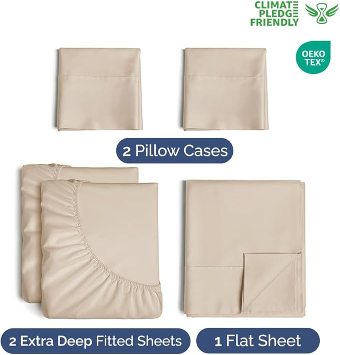 Extra Deep Pocket Split King Sheets - 5 Piece Breathable & Cooling Bed Sheets - Hotel Luxury Bed Sheet Set - Soft, Wrinkle Free & Comfy - Easily Fits Extra Deep Mattresses - Deep Pocket Wheat Sheets