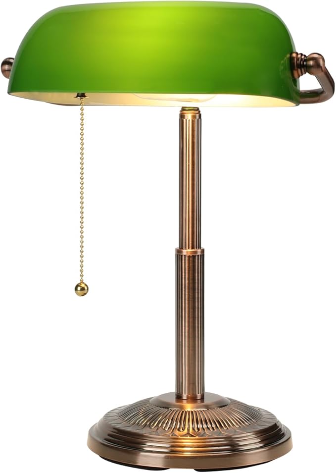 LINNMON Bankers Desk Lamp, Green Retro Lamp, Vintage Lamp with Pull Chain Switch for Home Office (Copper+Green)