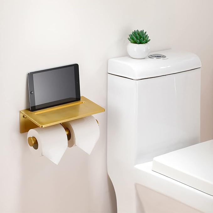 Double Toilet Paper Holder with Shelf, Commercial Toilet Paper Roll Dispenser Wall Mount with Cell Phone Storage Rack, Aluminium Fits Mega Roll Dual Toilet Paper Tissue Holder Brushed Gold