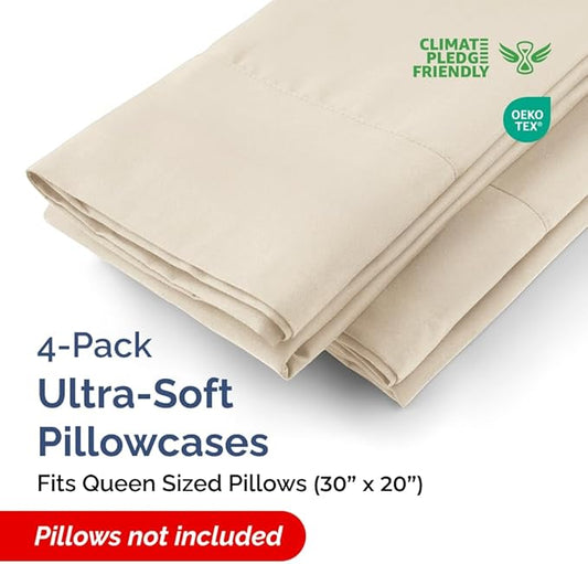 Queen Pillow Cases - 4 Pack - Super Soft Pillowcase Covers - Envelope Enclosure - Hotel Quality Pillow Protectors - Wrinkle Free, Fade, Shrink & Stain Resistant - Machine Washable - 20" x 30" (Wheat)