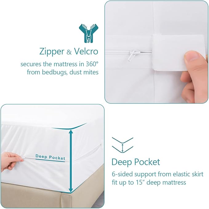 King Waterproof Zippered Mattress Encasement, Breathable, Noiseless, Machine-Washable Zipped Mattress Cover, Fitting 7" - 15" Deep Mattress 2 Pack