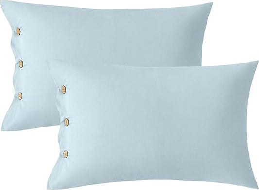 JELLYMONI Pillowcases Standard Set of 2 Cotton Button Pillow Covers 20×26in Light Blue Bed Pillow Cases 100% Washed Cotton Soft Breathable (Pillows are not Included)