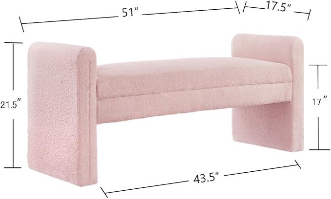 24KF Modern Upholstered Bed Bench Covered with Soft Boucle Teddy Fabric, Lovely Entryway Bench Ottoman with Armrest, 5062-Pink