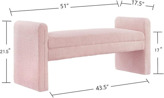 24KF Modern Upholstered Bed Bench Covered with Soft Boucle Teddy Fabric, Lovely Entryway Bench Ottoman with Armrest, 5062-Pink